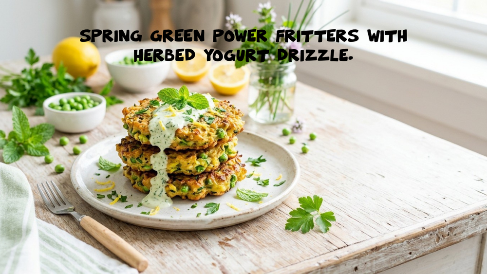 Spring Green Power Fritters with Herbed Yogurt Drizzle.